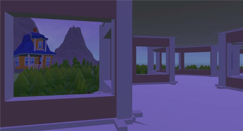 A dynamic pathway, with windows that oversees the landscape outside. Picture is overlayed with purple.